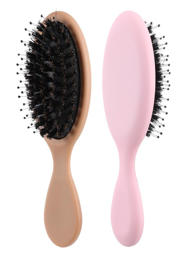 KFHENSOMR 2 Pack Travel Hair Brush Mini Boar Bristle Hairbrush Portable Compact HairBrush Pocket Travel Size Small Paddle Hair Brush for Thick Curly Thin Long Short Wet or Dry Hairs - Pink Brown - Image 1
